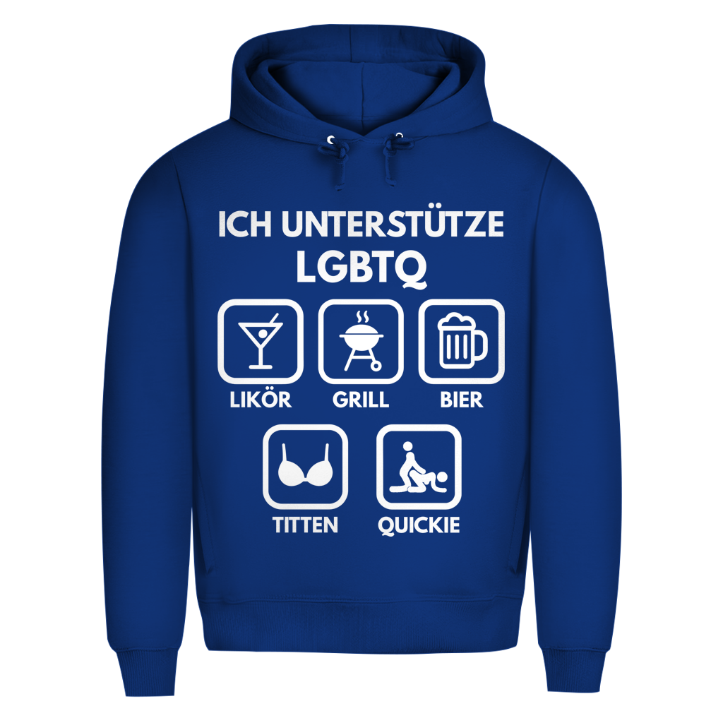 ICH UNTERSTÜTZE LGBTQ – Likör, Grill, Bier, Titten, Quickie – Herren Premium Bio Hoodie Royal