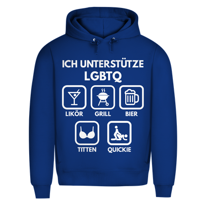 ICH UNTERSTÜTZE LGBTQ – Likör, Grill, Bier, Titten, Quickie – Herren Premium Bio Hoodie Royal
