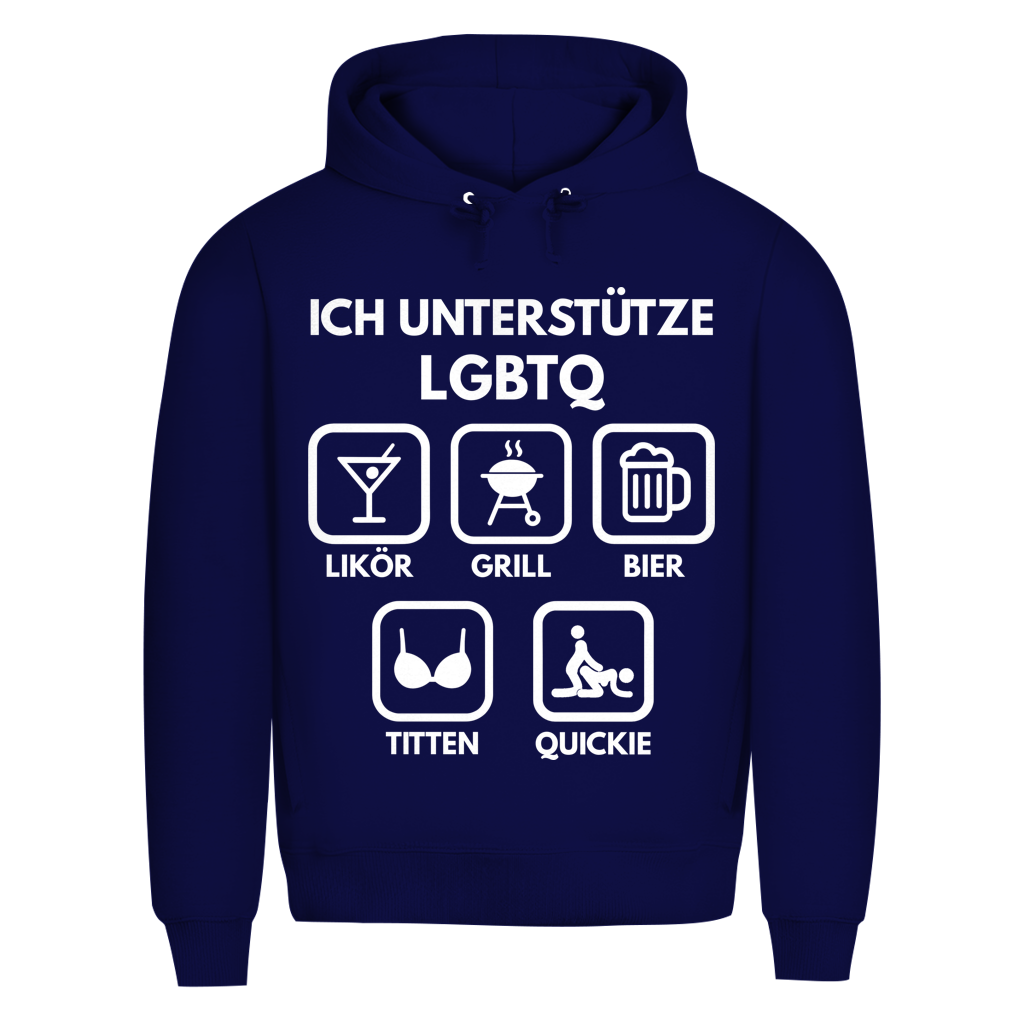 ICH UNTERSTÜTZE LGBTQ – Likör, Grill, Bier, Titten, Quickie – Herren Premium Bio Hoodie Navy Blue