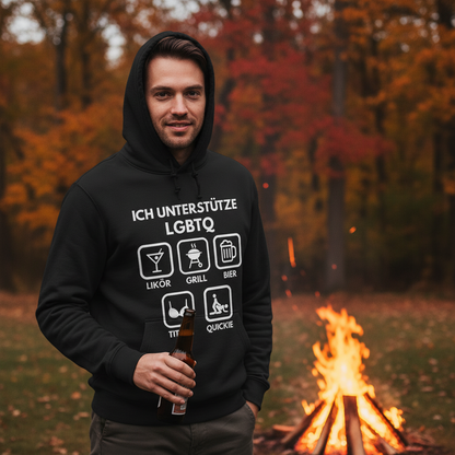 ICH UNTERSTÜTZE LGBTQ – Likör, Grill, Bier, Titten, Quickie – Herren Premium Bio Hoodie