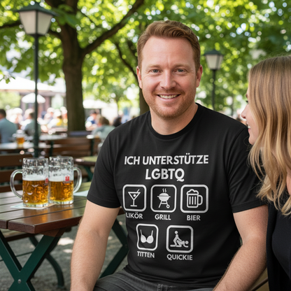 ICH UNTERSTÜTZE LGBTQ – Likör, Grill, Bier, Titten, Quickie – Herren T-Shirt