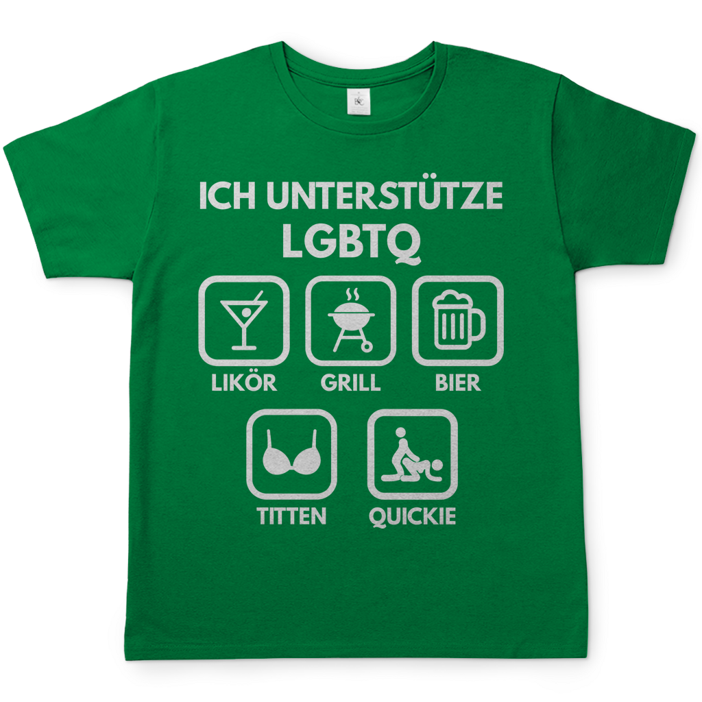 ICH UNTERSTÜTZE LGBTQ – Likör, Grill, Bier, Titten, Quickie – Herren T-Shirt Kelly Green