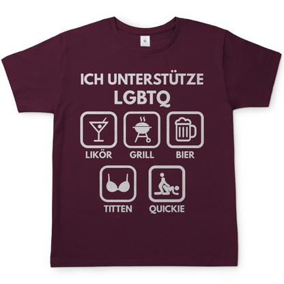 ICH UNTERSTÜTZE LGBTQ – Likör, Grill, Bier, Titten, Quickie – Herren T-Shirt Burgundy