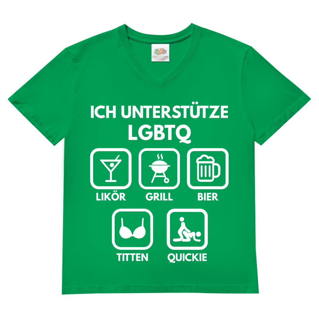 ICH UNTERSTÜTZE LGBTQ – Likör, Grill, Bier, Titten, Quickie – Herren V-Neck T-Shirt Kelly Green
