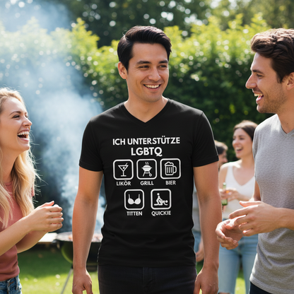 ICH UNTERSTÜTZE LGBTQ – Likör, Grill, Bier, Titten, Quickie – Herren V-Neck T-Shirt