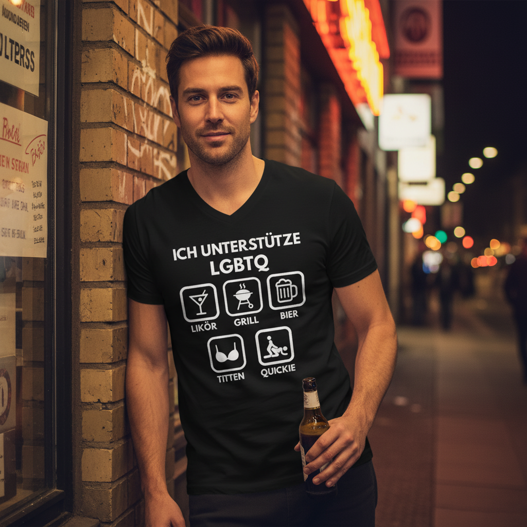 ICH UNTERSTÜTZE LGBTQ – Likör, Grill, Bier, Titten, Quickie – Herren V-Neck T-Shirt