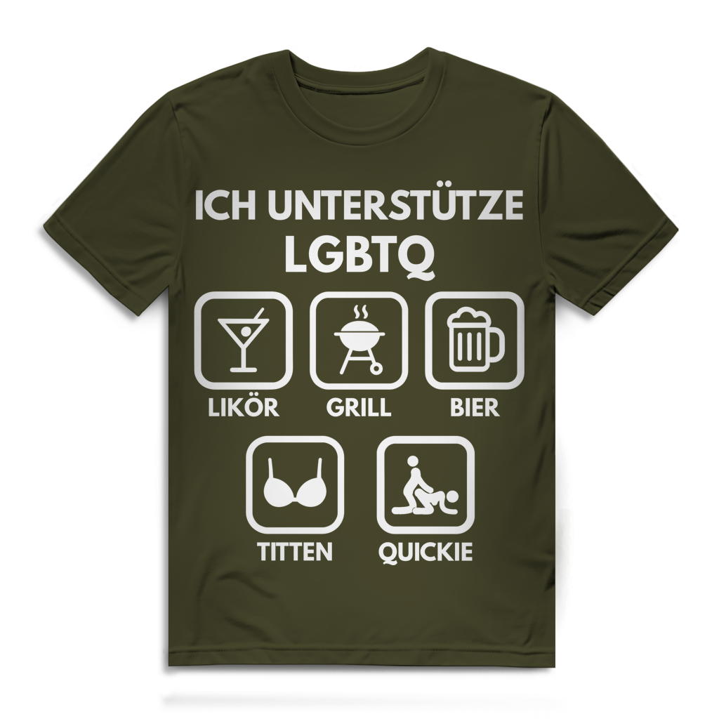 ICH UNTERSTÜTZE LGBTQ – Likör, Grill, Bier, Titten, Quickie – Herren Premium Bio T-Shirt Khaki