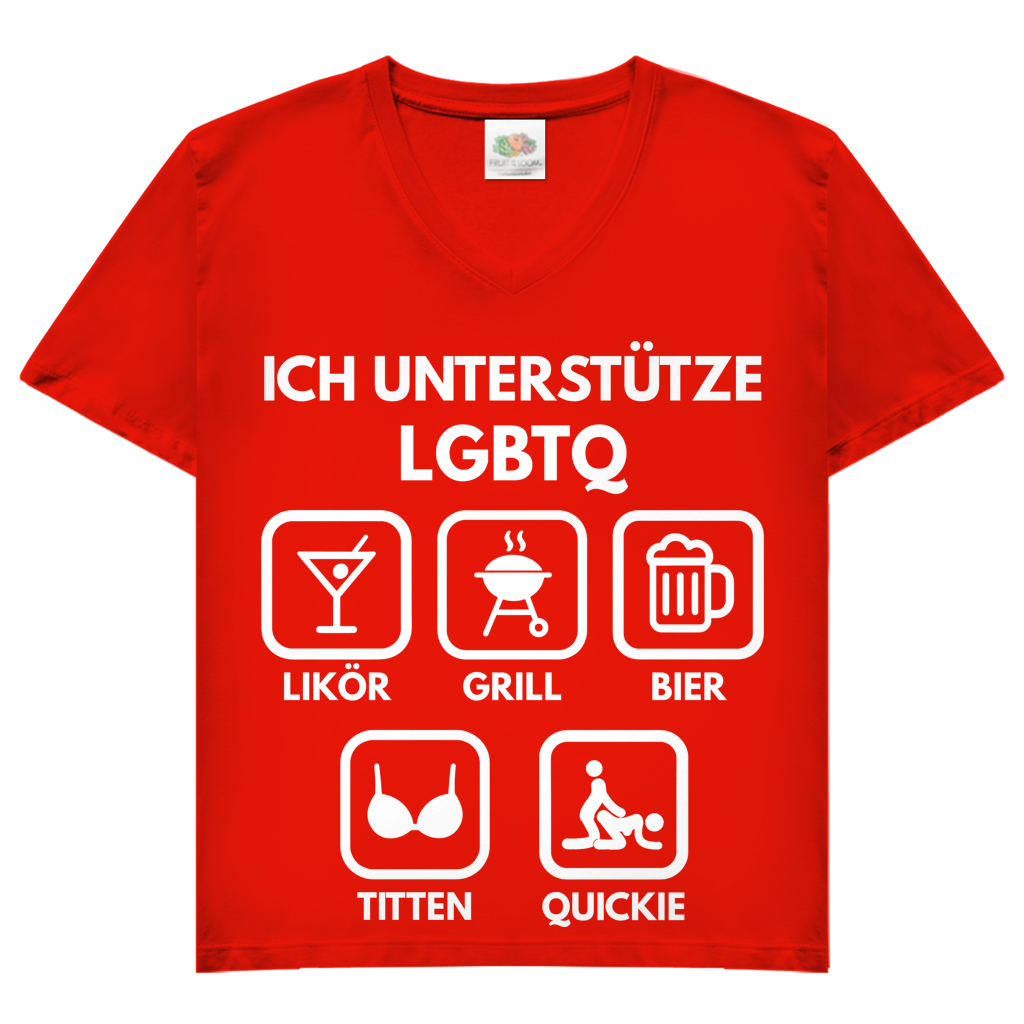 ICH UNTERSTÜTZE LGBTQ – Likör, Grill, Bier, Titten, Quickie – Damen V-Neck T-Shirt Red