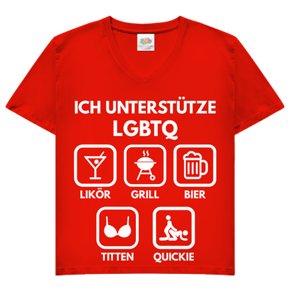 ICH UNTERSTÜTZE LGBTQ – Likör, Grill, Bier, Titten, Quickie – Damen V-Neck T-Shirt Red