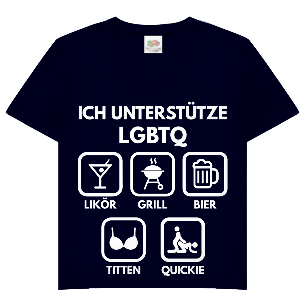 ICH UNTERSTÜTZE LGBTQ – Likör, Grill, Bier, Titten, Quickie – Damen V-Neck T-Shirt Deep Navy