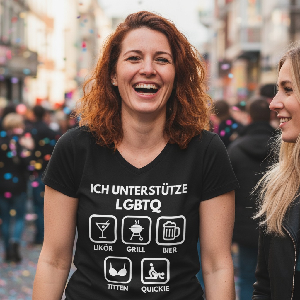 ICH UNTERSTÜTZE LGBTQ – Likör, Grill, Bier, Titten, Quickie – Damen V-Neck T-Shirt