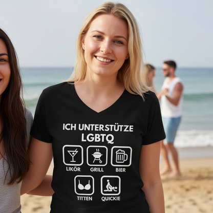 ICH UNTERSTÜTZE LGBTQ – Likör, Grill, Bier, Titten, Quickie – Damen V-Neck T-Shirt