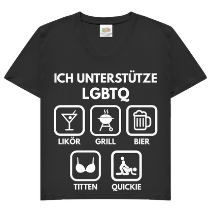 ICH UNTERSTÜTZE LGBTQ – Likör, Grill, Bier, Titten, Quickie – Damen V-Neck T-Shirt Black