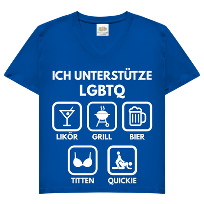 ICH UNTERSTÜTZE LGBTQ – Likör, Grill, Bier, Titten, Quickie – Damen V-Neck T-Shirt Royal Blue