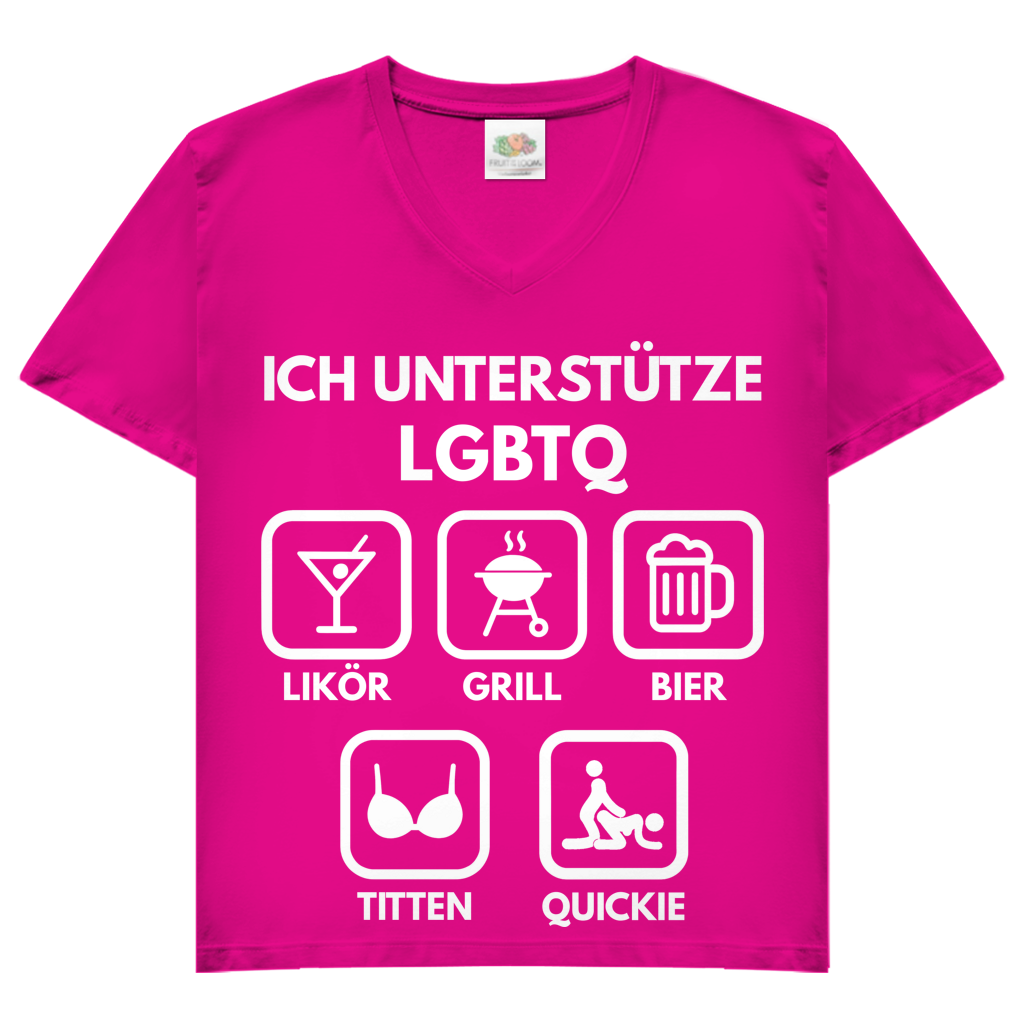 ICH UNTERSTÜTZE LGBTQ – Likör, Grill, Bier, Titten, Quickie – Damen V-Neck T-Shirt Fuchsia