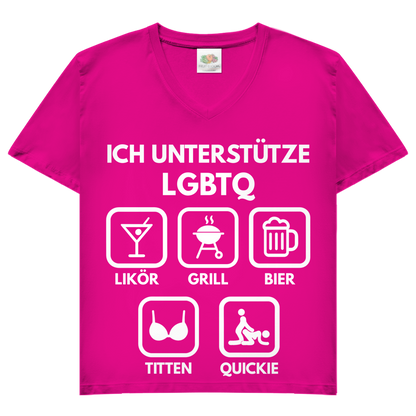 ICH UNTERSTÜTZE LGBTQ – Likör, Grill, Bier, Titten, Quickie – Damen V-Neck T-Shirt Fuchsia