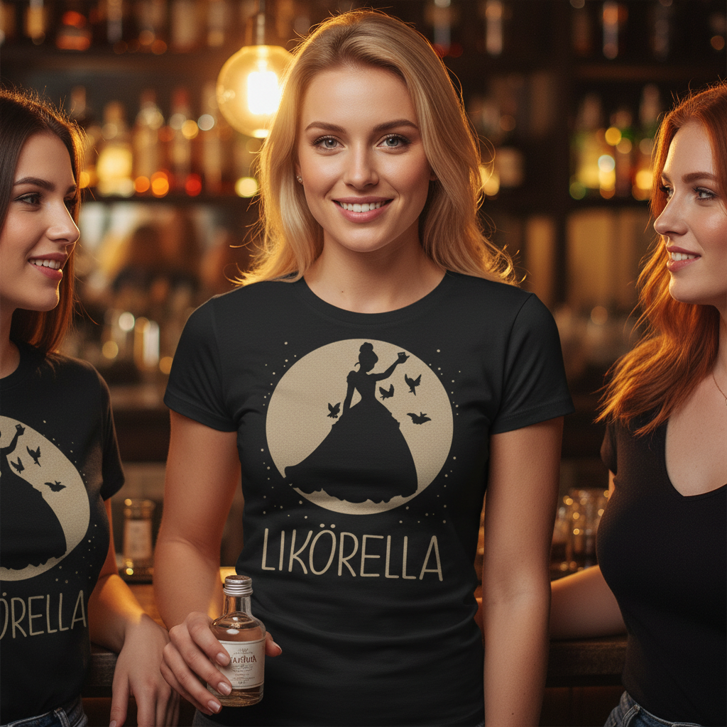 Eine Frau trägt das Likörella Shirt bei JGA-Feier in Cocktailbar mit Freundinnen