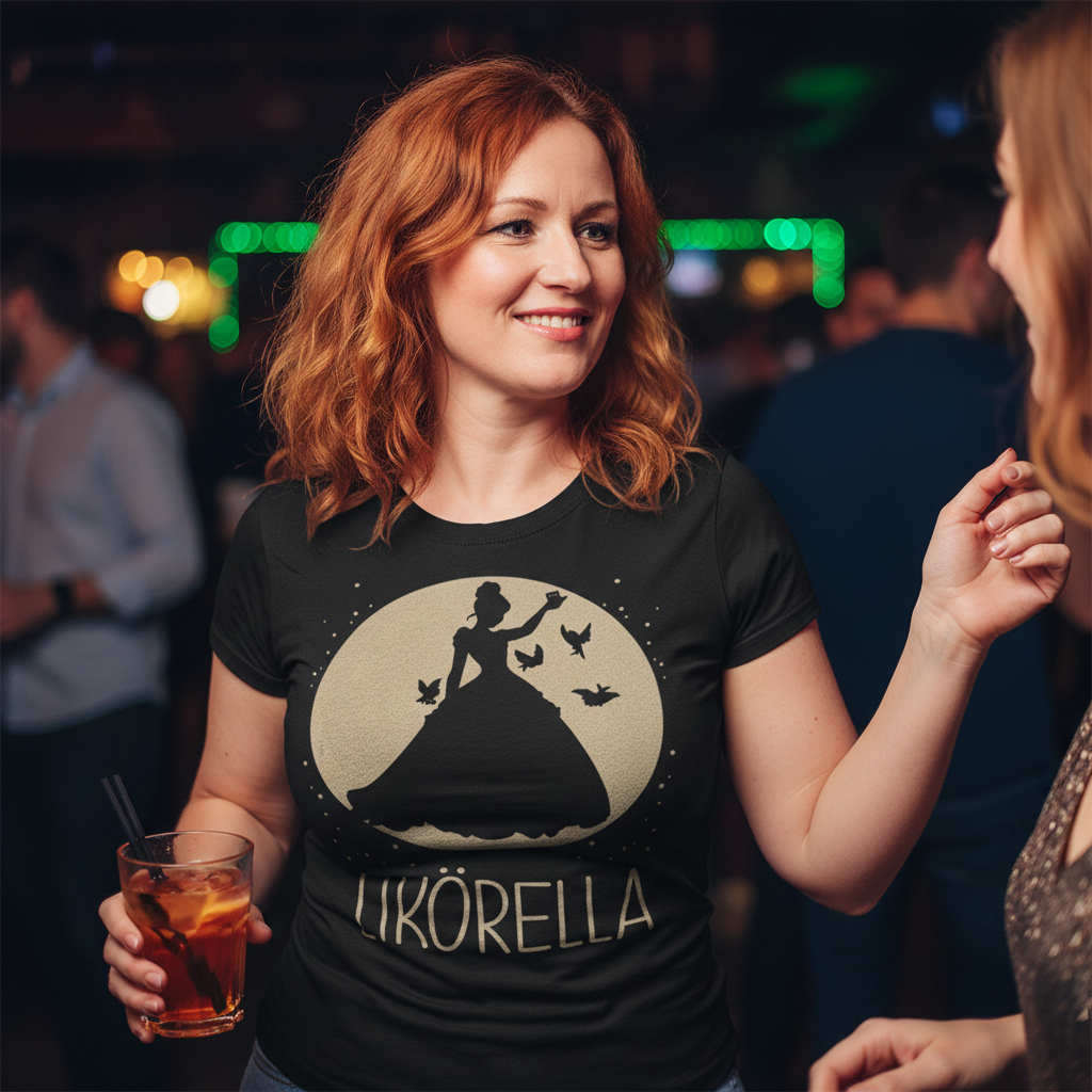 Eine Frau trägt das Likörella Party Shirt in Club-Atmosphäre und tanzt mit Cocktail