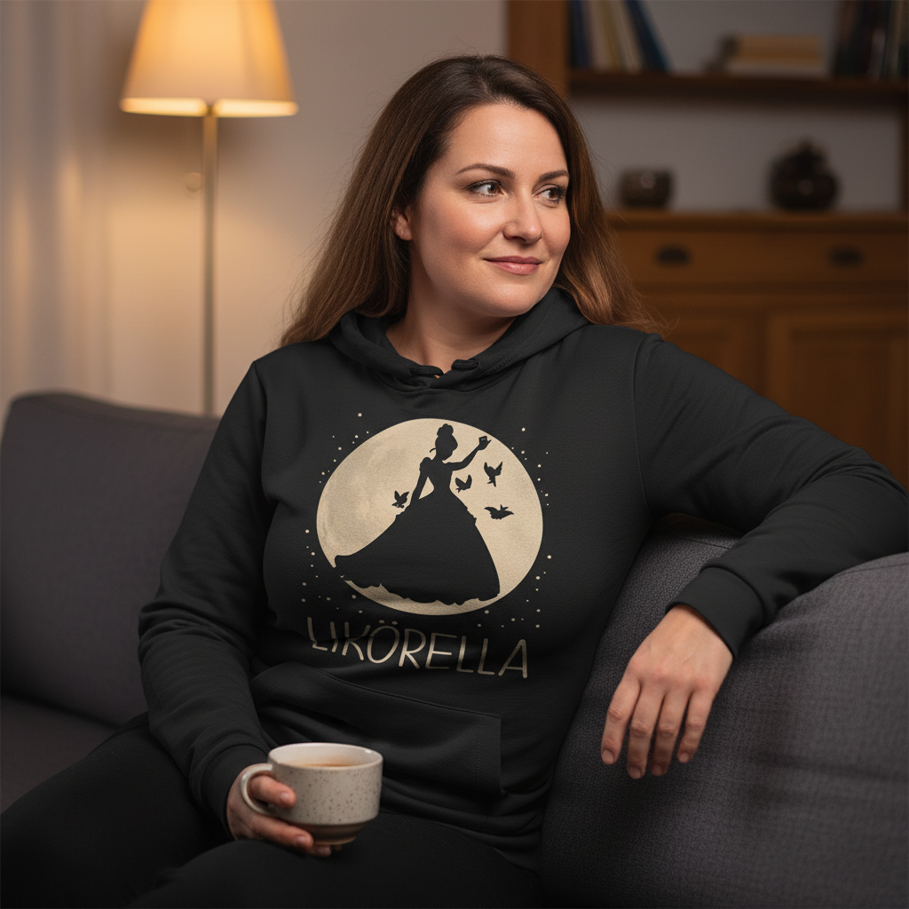 Eine Frau trägt den Likörella Hoodie entspannt zuhause auf dem Sofa mit Tasse