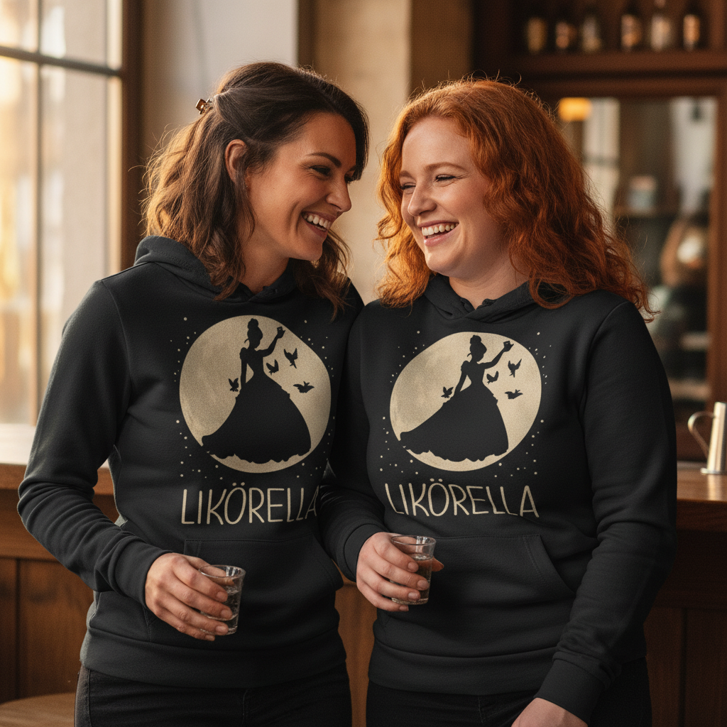 Zwei Frauen tragen den Mond Prinzessin Likörella Hoodie im Partnerlook und stoßen an