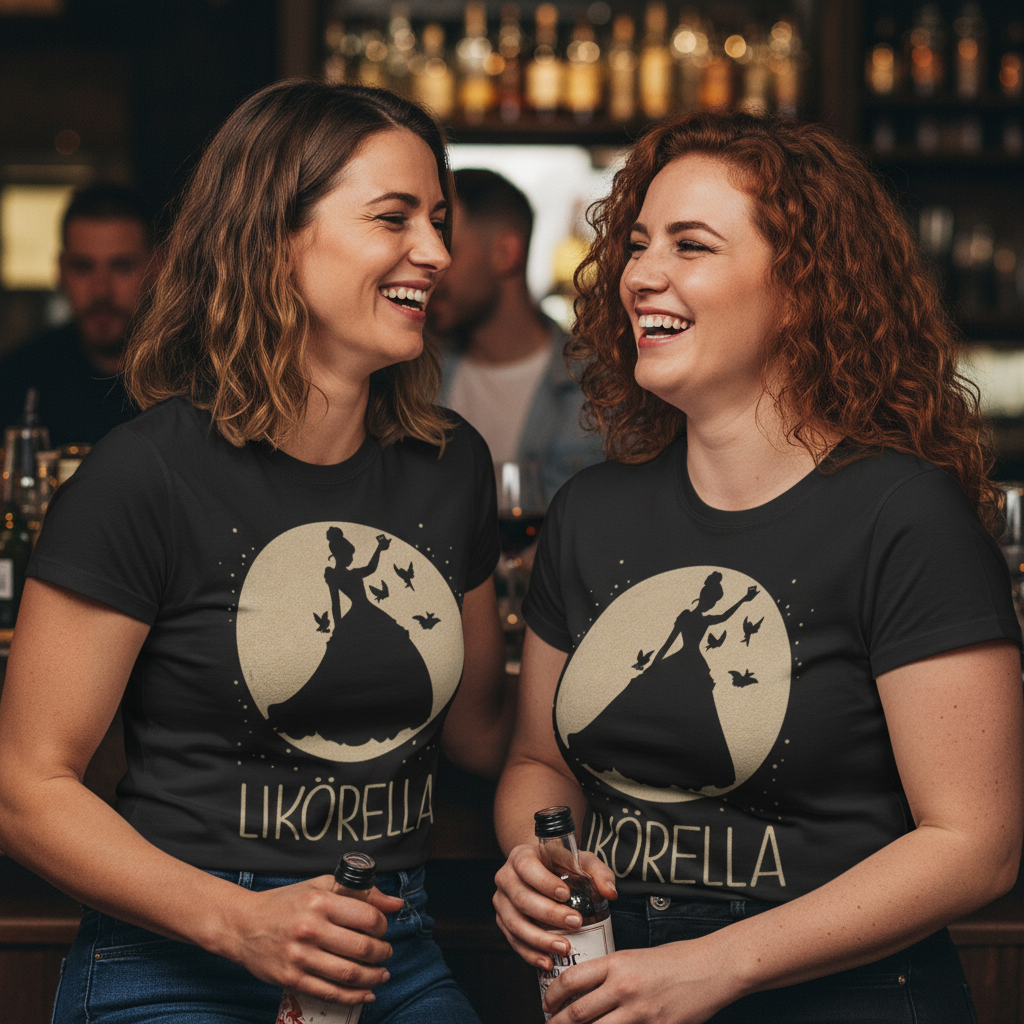 Zwei Frauen tragen Likörella Partnerlook Shirts beim Mädelsabend und halten Likörflaschen