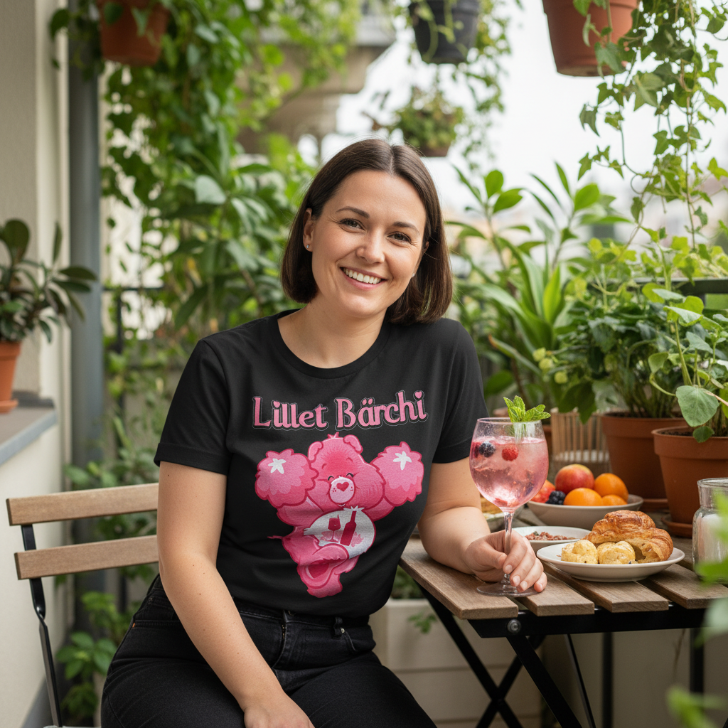 Damen T-Shirt Lillet Bärchi getragen beim Balkon Brunch mit Rosé Spritz Glücksbärchi Motiv