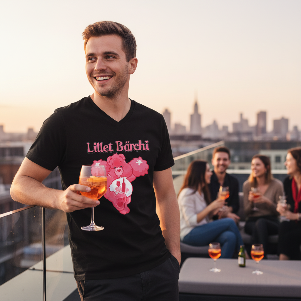 Herren V-Neck Shirt getragen Lillet Bärchi Aufdruck Rooftop Aperitif Lifestyle französischer Genuss