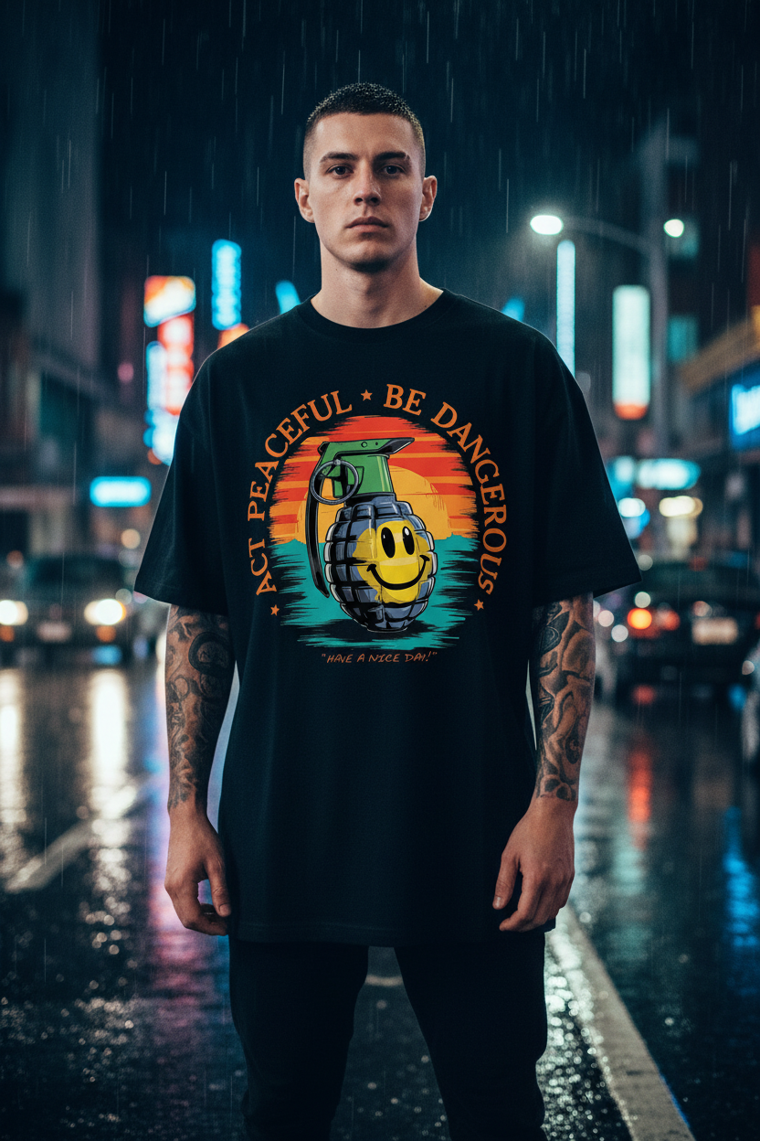 Jack &amp; Jones Oversize Act Peaceful Be Dangerous Handgranate Herren T-Shirt