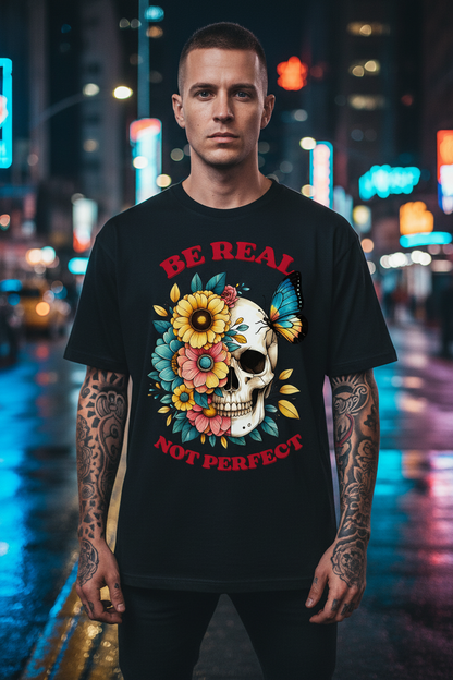 Jack &amp; Jones Oversize Be Real Not Perfect Blumen Totenkopf Herren T-Shirt