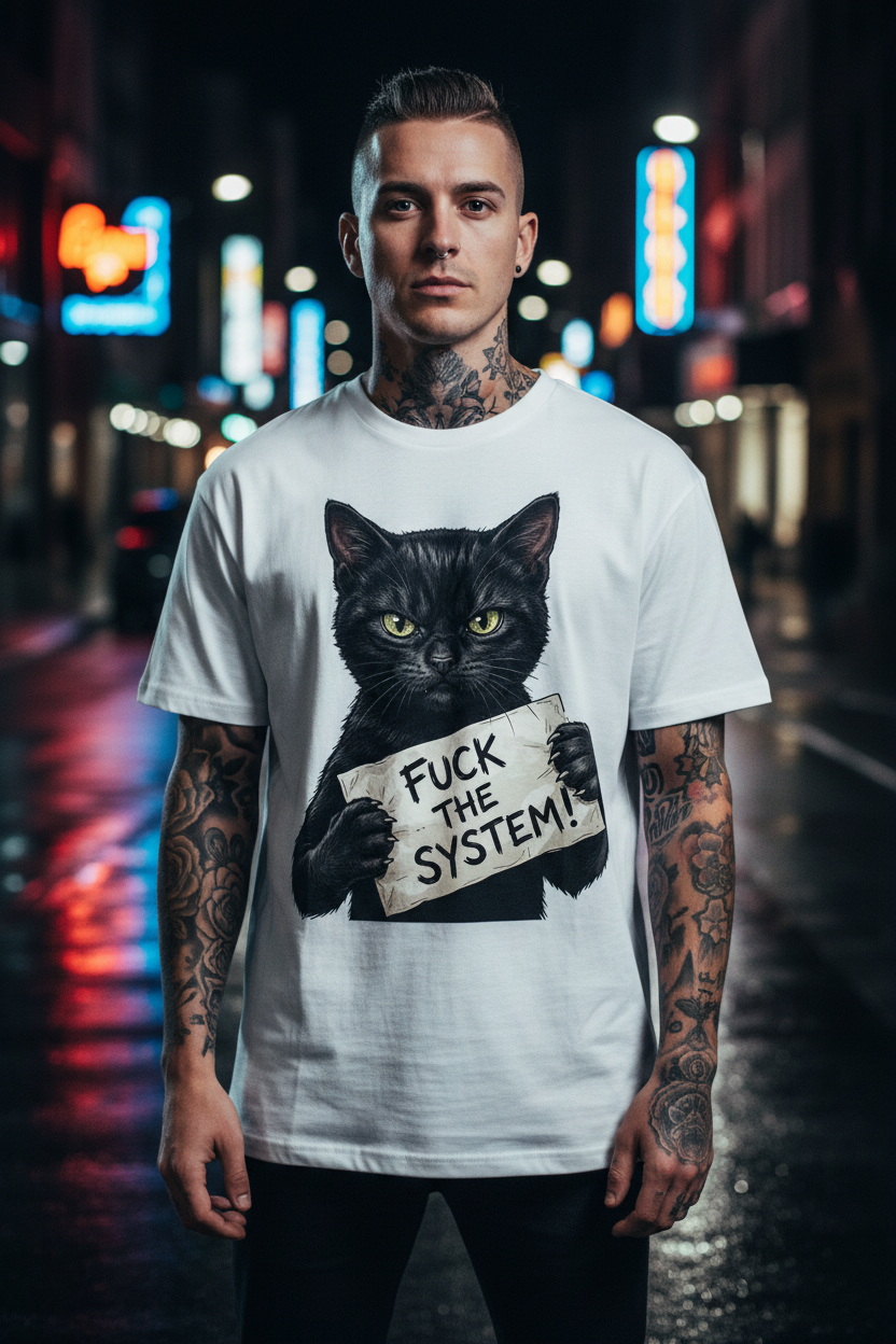 Jack &amp; Jones Oversize Schwarze Katze Fuck The System Herren T-Shirt