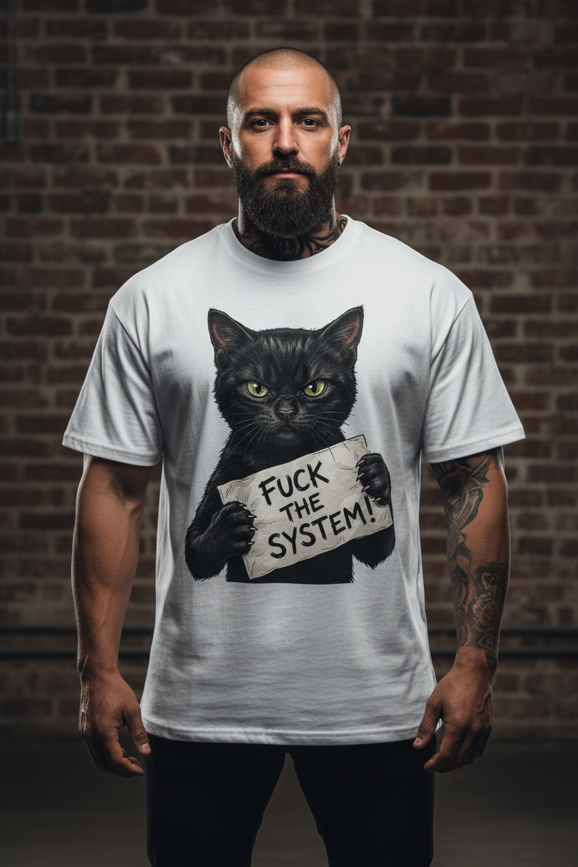 Jack &amp; Jones Oversize Schwarze Katze Fuck The System Herren T-Shirt