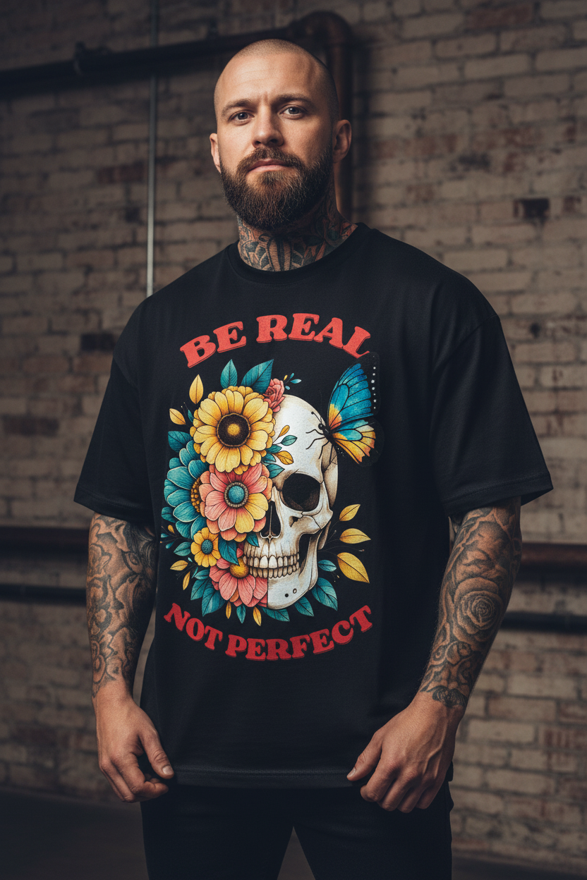 Jack &amp; Jones Oversize Be Real Not Perfect Blumen Totenkopf Herren T-Shirt