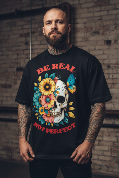 Jack &amp; Jones Oversize Be Real Not Perfect Blumen Totenkopf Herren T-Shirt