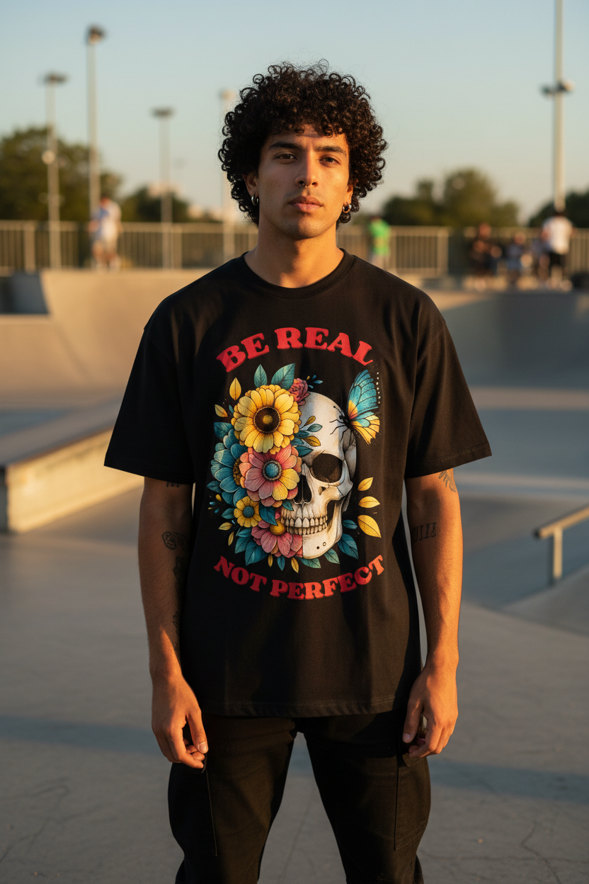 Jack &amp; Jones Oversize Be Real Not Perfect Blumen Totenkopf Herren T-Shirt