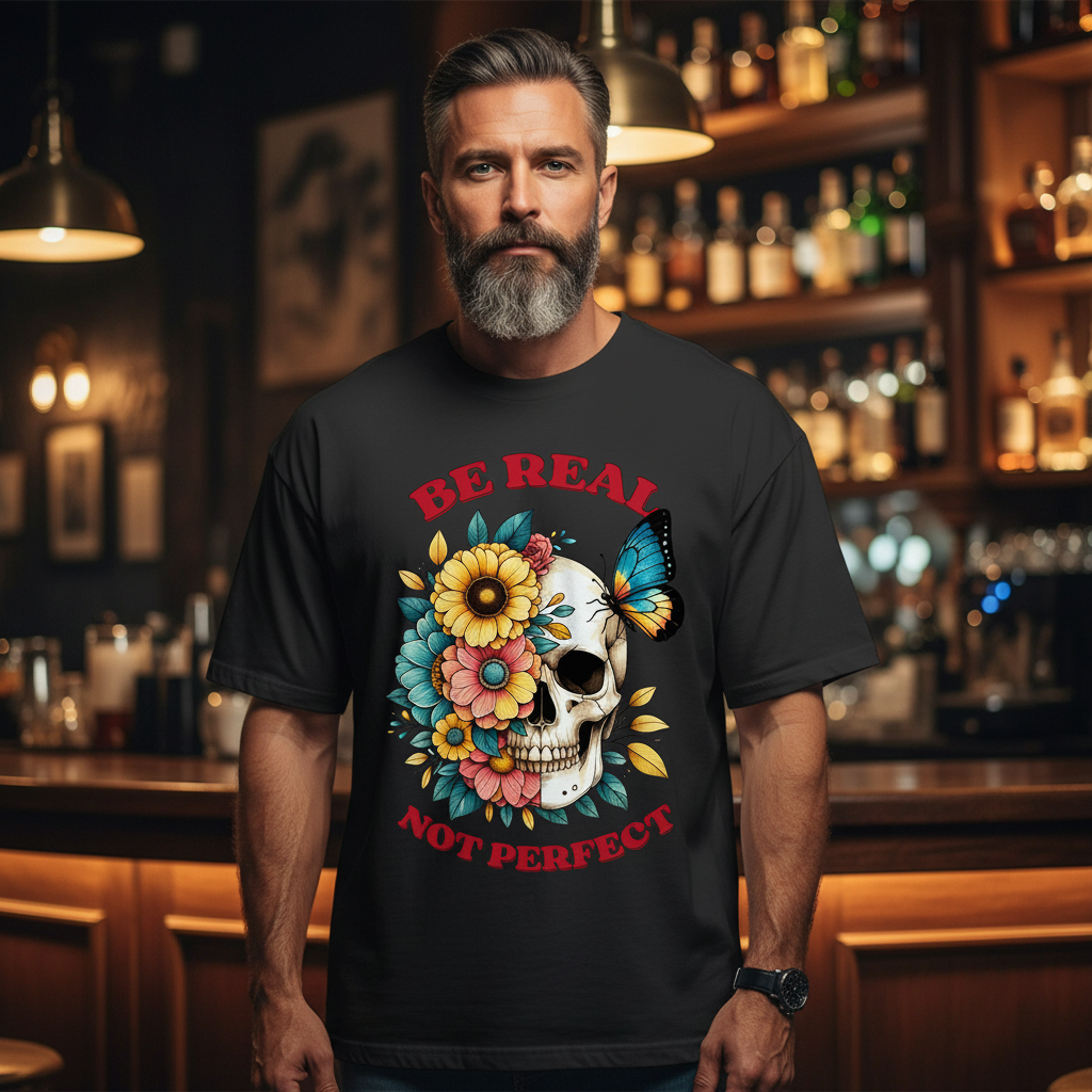 Jack &amp; Jones Oversize Be Real Not Perfect Blumen Totenkopf Herren T-Shirt