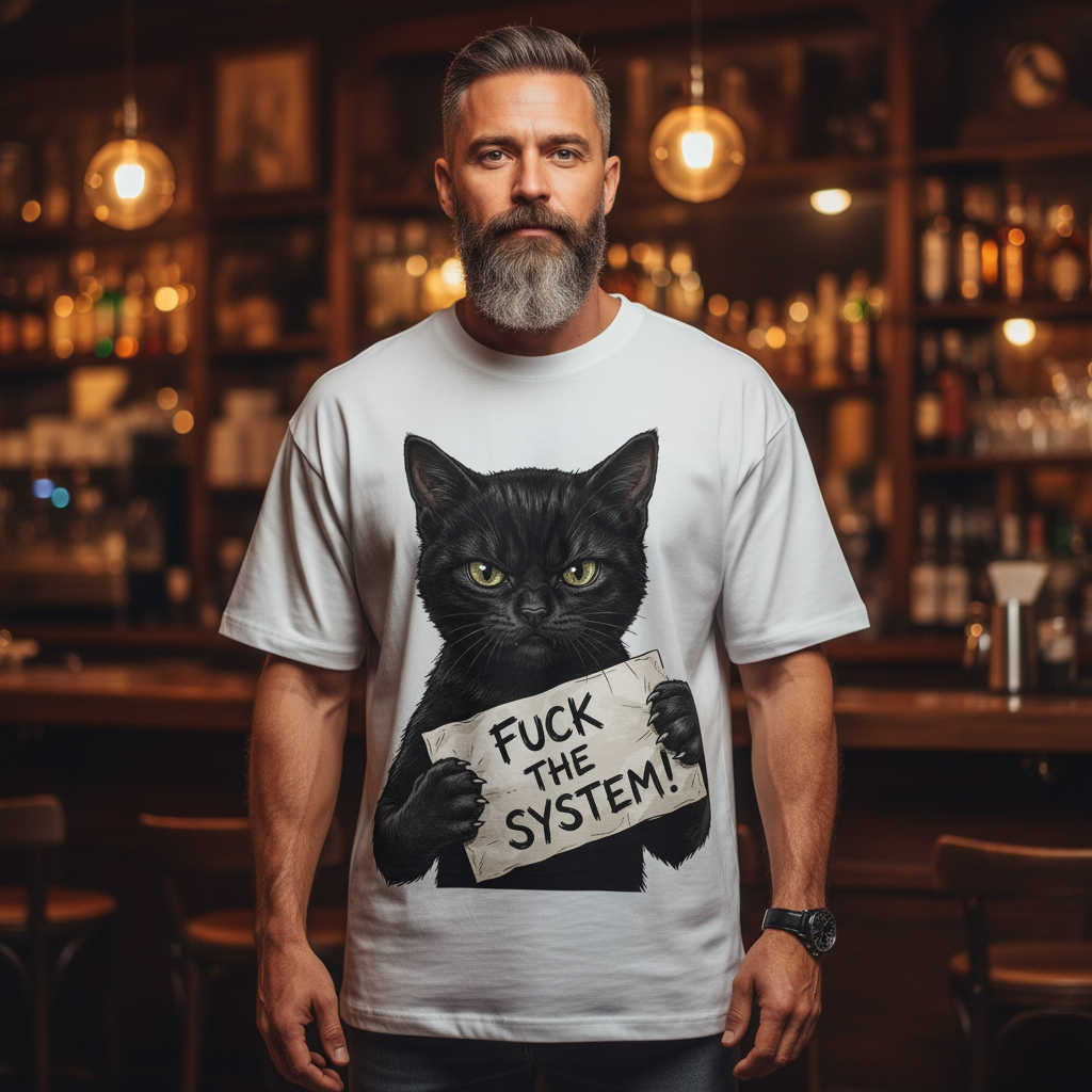 Jack &amp; Jones Oversize Schwarze Katze Fuck The System Herren T-Shirt