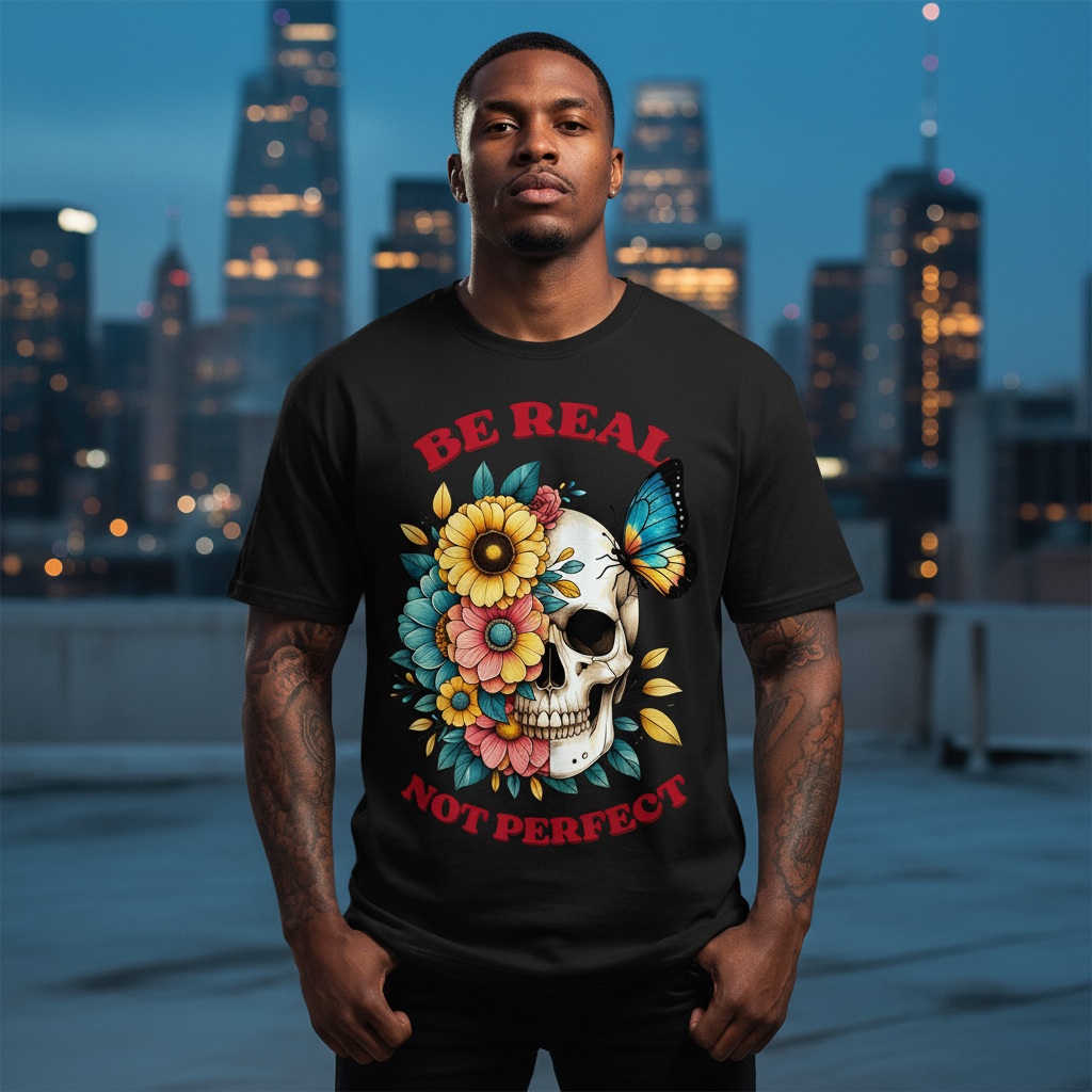 Jack &amp; Jones Oversize Be Real Not Perfect Blumen Totenkopf Herren T-Shirt