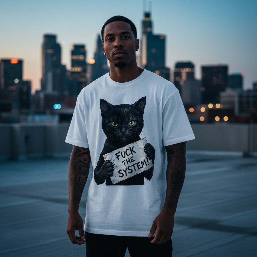 Jack &amp; Jones Oversize Schwarze Katze Fuck The System Herren T-Shirt
