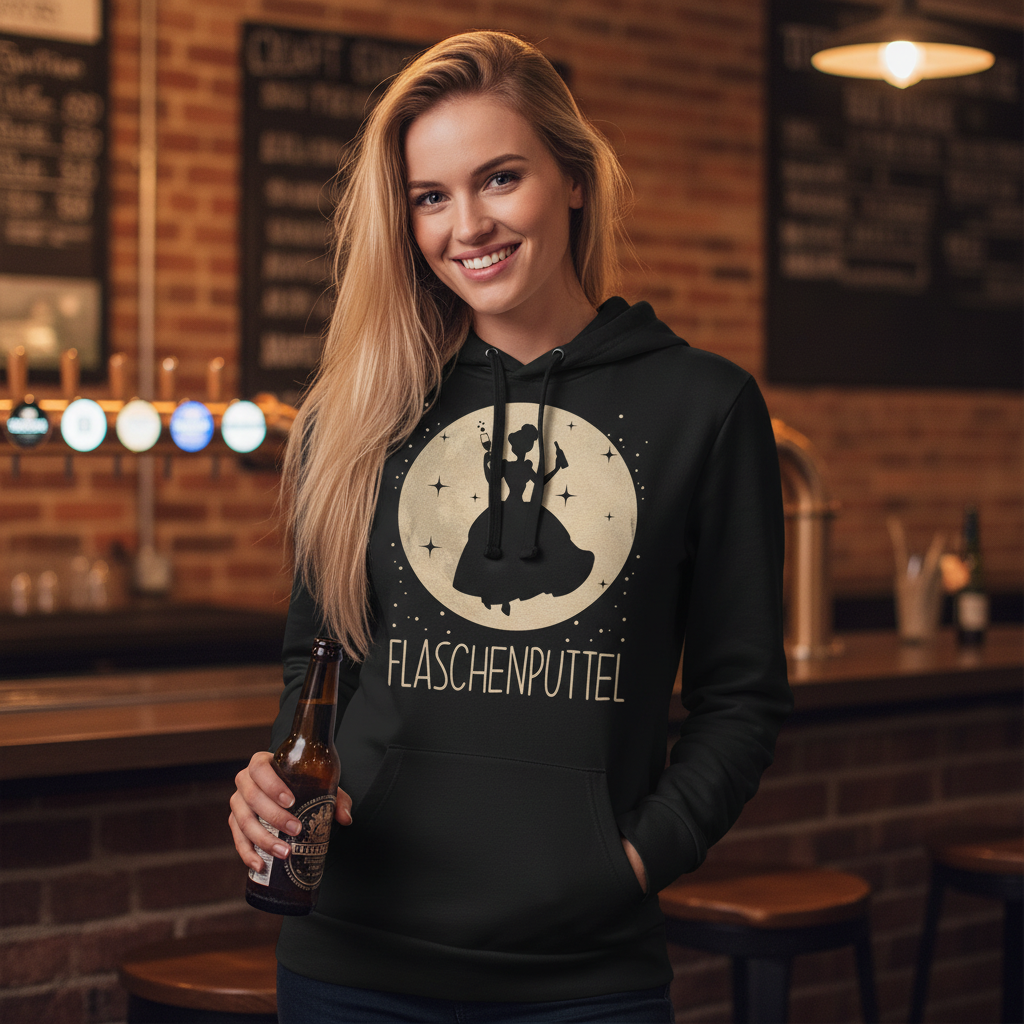 Eine Frau trägt den Mond Prinzessin Flaschenputtel Hoodie in einer Craft Beer Bar mit Bierflasche
