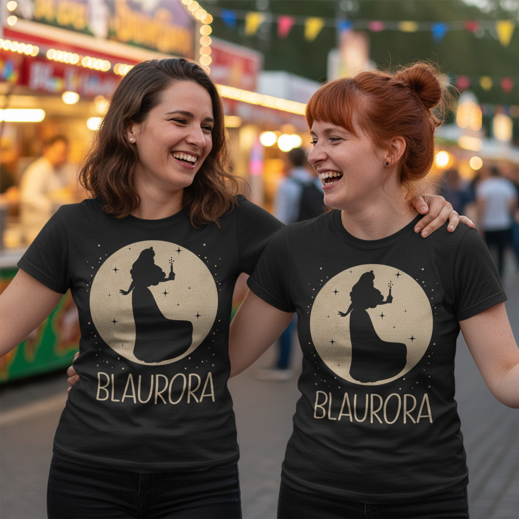 Zwei Frauen tragen Mond Prinzessin BLAURORA Shirts im Partnerlook auf Straßenfest und lachen zusammen
