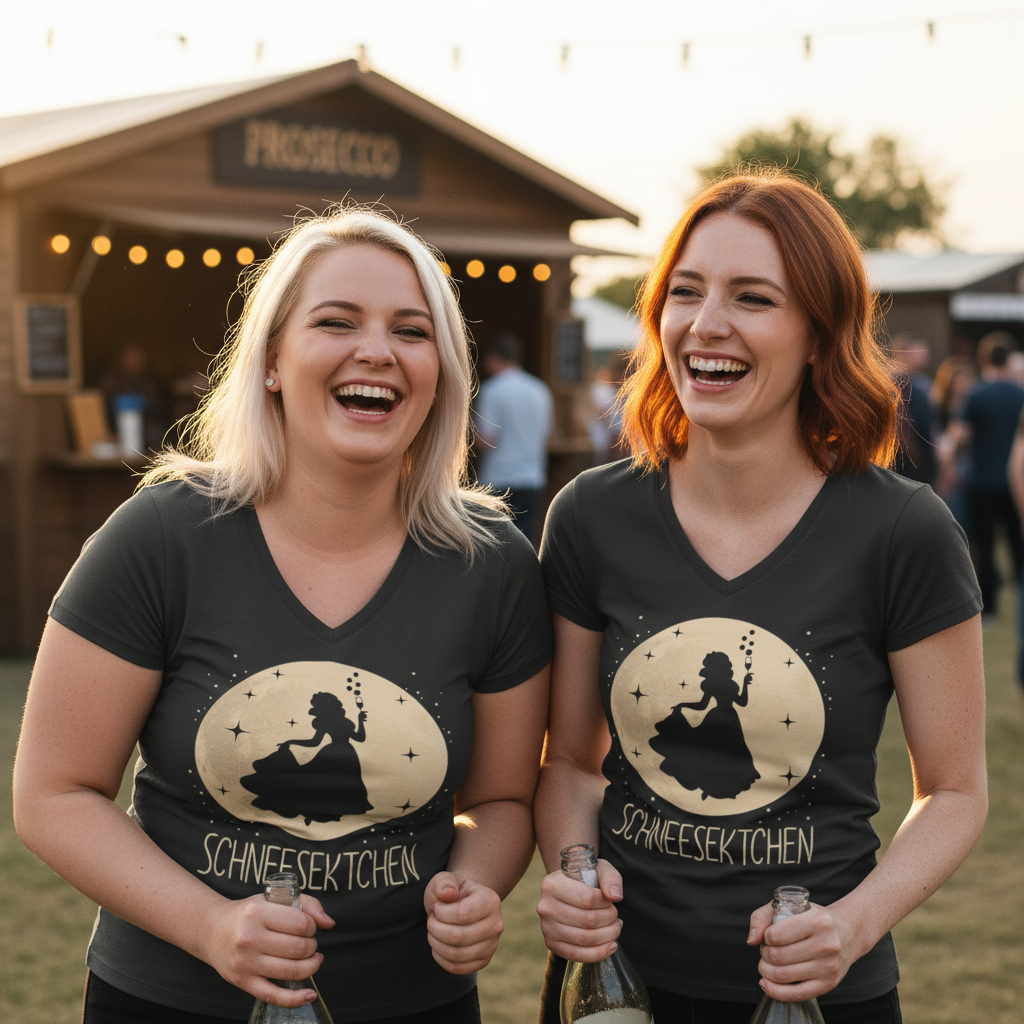 Zwei Frauen tragen das Mond Prinzessin Schneesektchen Shirt auf dem Festival mit Prosecco