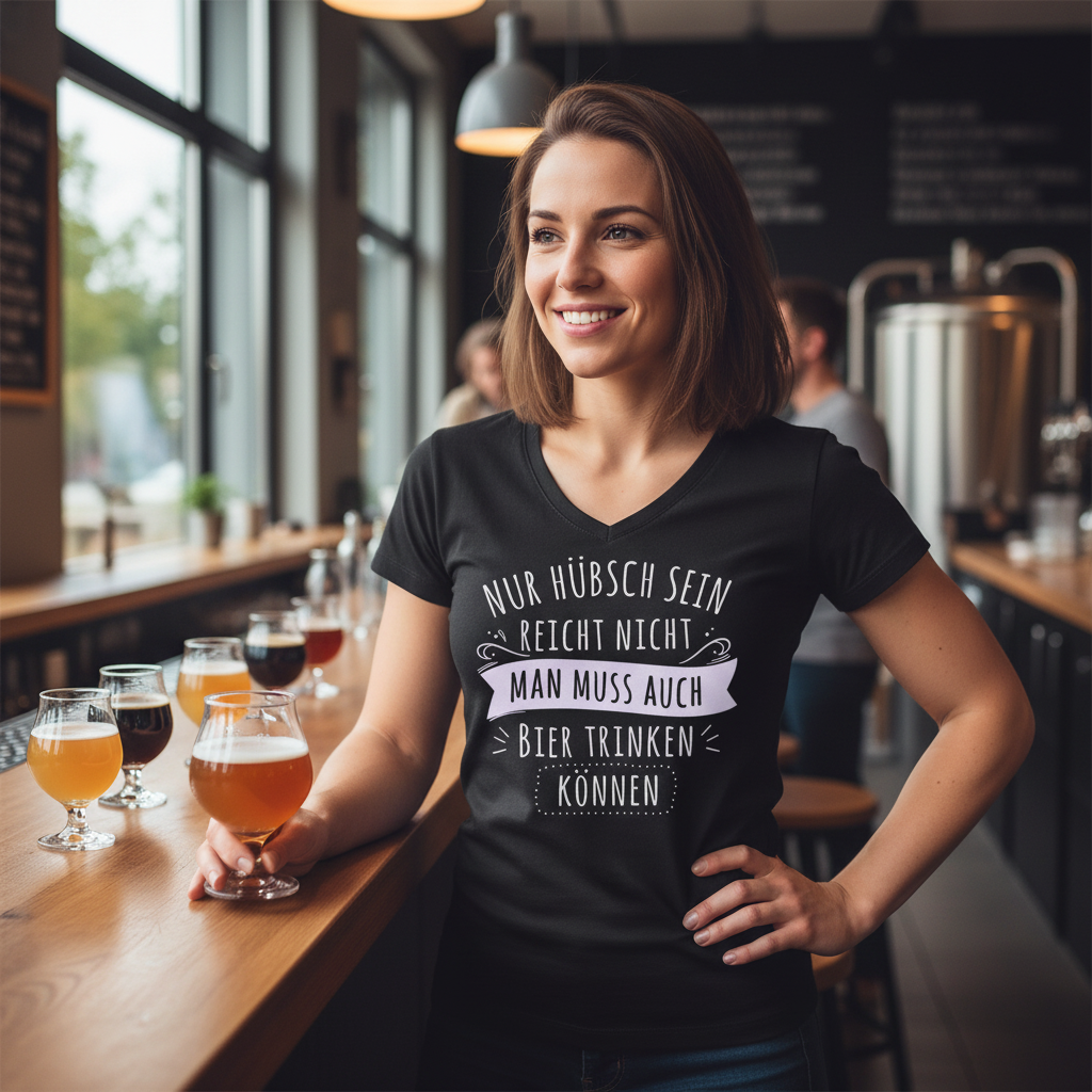 Nur hübsch sein reicht nicht Bier trinken - V-Neck Damenshirt