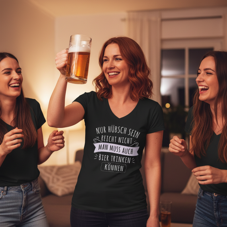 Nur hübsch sein reicht nicht Bier trinken - V-Neck Damenshirt