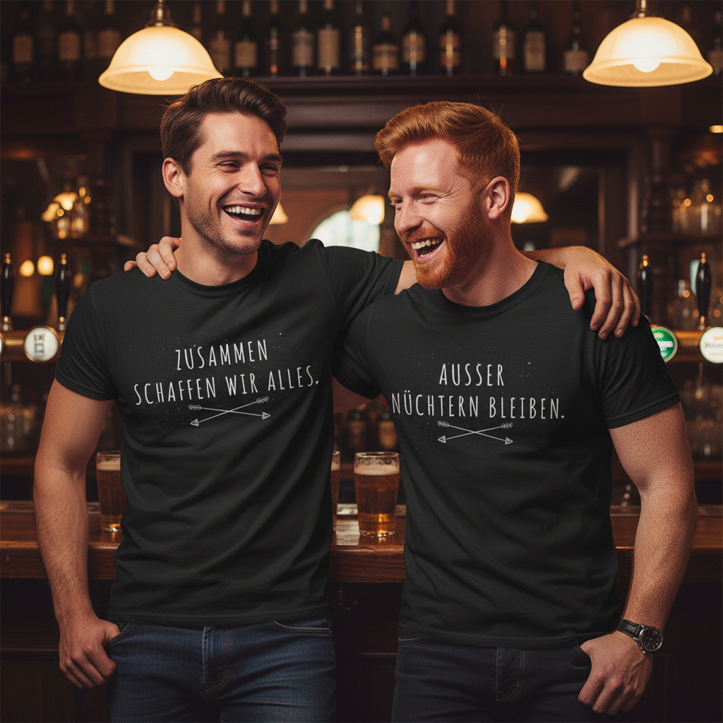 Zwei Freunde tragen Partnerlook Saufshirts AUSSER NÜCHTERN BLEIBEN in einer Kneipe an der Bar