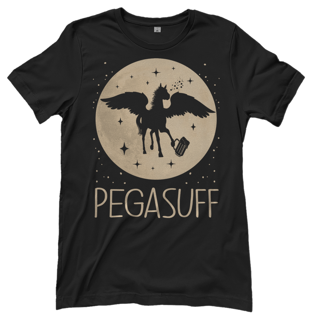 Schwarzes Damen Party Shirt mit Pegasuff Design Pegasus Mond und Bierkrug beige, Frontansicht