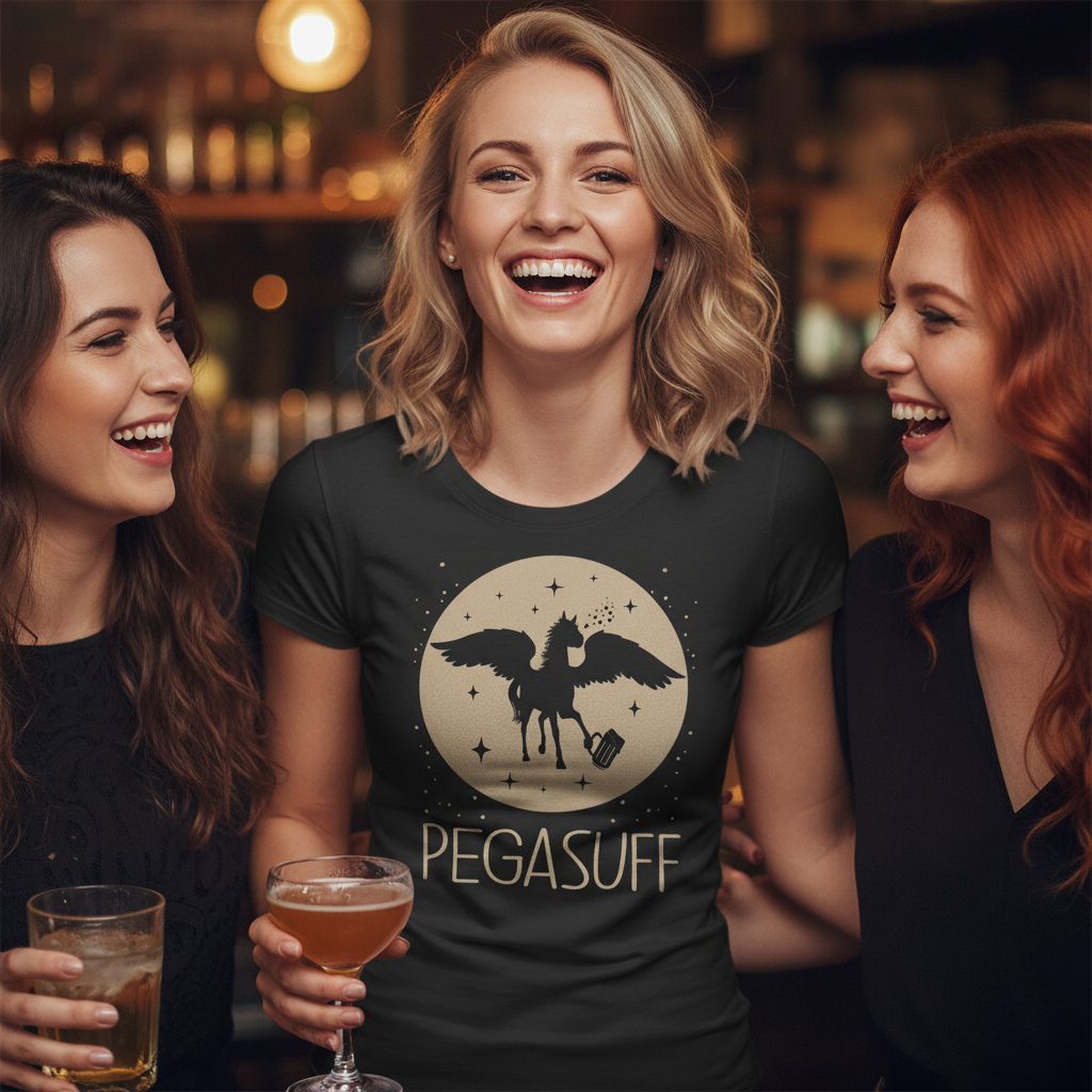 Eine Frau trägt das Pegasuff Shirt bei JGA Feier in Bar und hält Cocktail mit Freundinnen