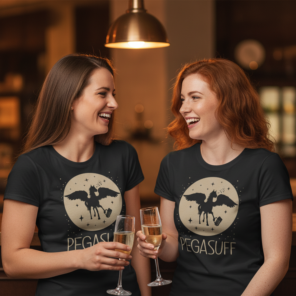 Zwei Frauen tragen Pegasuff Shirts bei Happy Hour in Cocktailbar und stoßen mit Sekt an