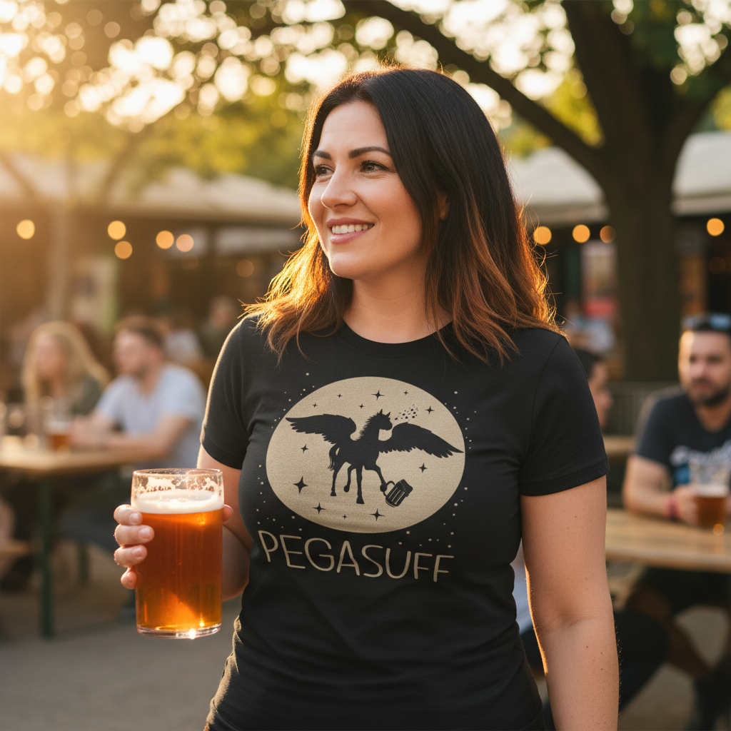 Eine Frau trägt ein Pegasus Party Shirt Pegasuff im Biergarten bei Feierabend mit Bier