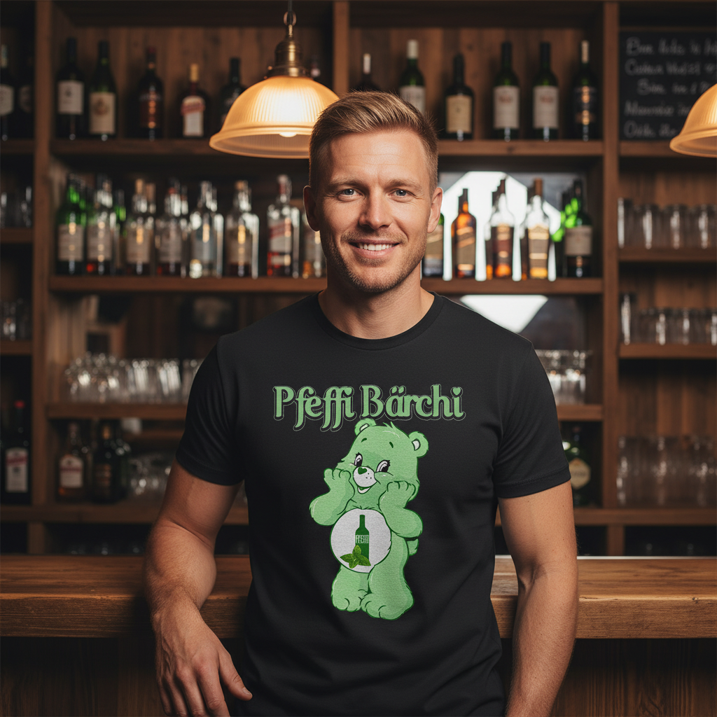 Pfeffi Bärchi Herren Shirt in rustikaler Skihütten-Bar, Après-Ski Atmosphäre mit Holzwänden und warmem Licht