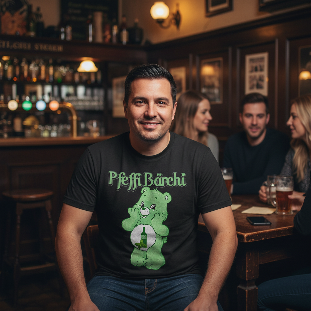 Entspannte Stammtisch-Atmosphäre in deutscher Kneipe, Pfeffi Bärchi Shirt mit Glücksbärchi-Parodie und Minzlikör-Motiv